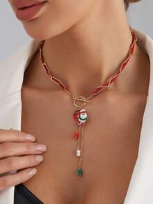 1pc Elegant European Style Christmas Necklace With Santa Boot & Bell Colorblock Choker, Fashion Party Jewelry