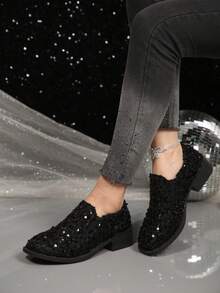 Fashionable Sequin Women's Loafers, -On Flat Casual Shoes, Versatile Spring/Autumn New Style, Suitable For Pregnant Women And Slouchy Wear - Black - View 3