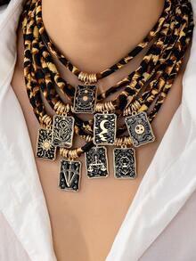 1pc Fashionable Personalized Handpainted Enamel Dark Tarot Card Pendant Necklace, Abstract Pattern Options, Leopard Fabric Creative Necklace, Versatile Accessory For Autumn/Winter Daily Wear