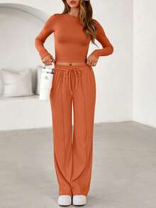 Women Fall Two Piece Outfits Ribbed Knit Long Sleeve Crop Top Drawstring Elastic High Waist Wide Leg Pants Matching Lounge Set Spring Autumn Airport Sport Outfits - 磚紅色 - 查看 3