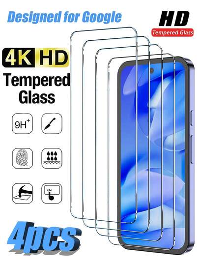 4 片钢化玻璃屏幕保护膜，9H 硬度，超清晰，易于安装，兼容所有保护壳，防指纹、防刮、防水、防震，兼容 Pixel 3/Pixel 4/Pixel 5/Pixel 6/Pixel 7/Pixel 8/Pixel 9 系列