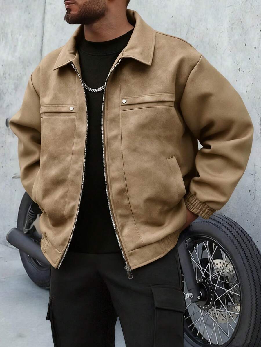 1 Piece Men's Vintage Worn Full Zipper Lapel Leather Long Sleeve Jacket, Spring Autumn Men's Motorcycle Style Casual PU Leather Coat. - Coffee Brown - View 1