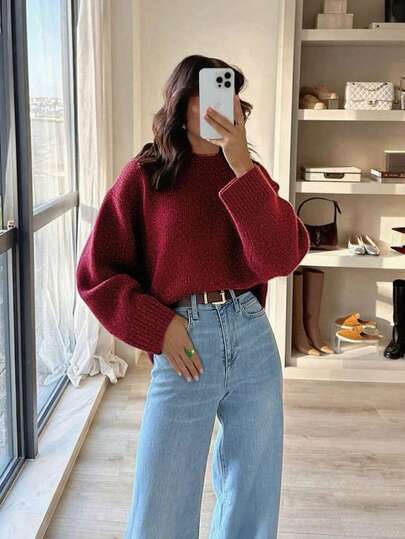 Grey Crew Neck Casual Knit Sweater For Women