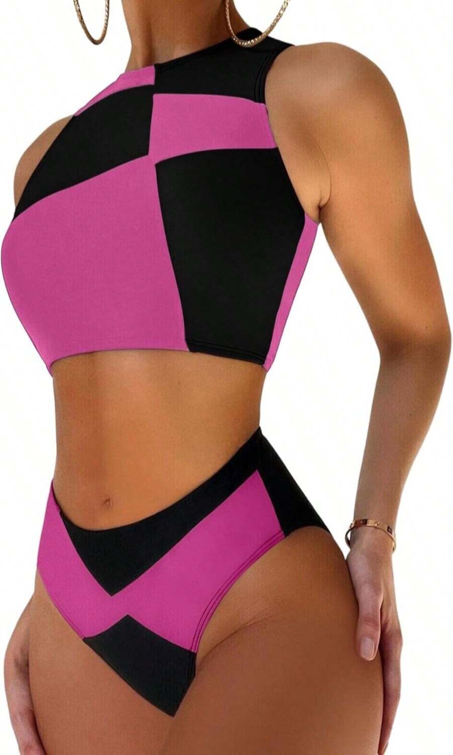 Womens Colorblock Shego Costume - Rave Outfit Swimsuits High Neck Crop Top High Waisted Bottom Halloween Bikini Set - ColorE - View 1