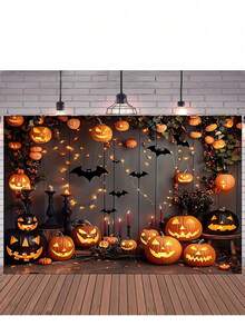 1 pieza/Tapiz de poliéster con bonito fondo de Halloween con calabazas aterradoras y murciélagos - Disponible en varios tamaños - Decoraciones colgantes de poliéster, para decorar en dormitorio, sala de estar, ventana, adecuado para fiesta de jardín, cabina fotográfica y celebración festiva, decoración de Halloween, decoración de fiesta temática - Multicolor - Ver 11