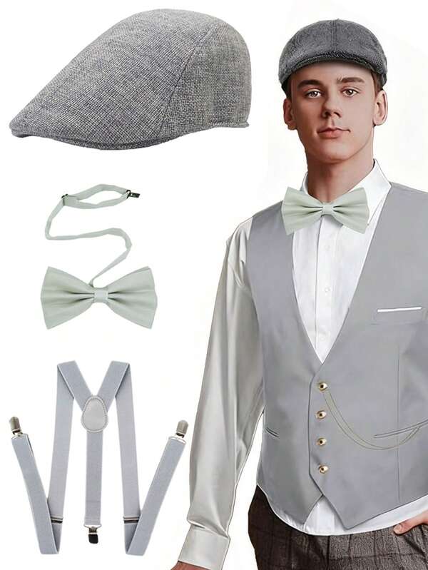 D EXCEED 3/8 Pcs 1920s Men's Accessories Retro Roaring 20s Halloween Costume Gangster Hat Bowknot Y Back Suspenders Panama Hat For Men Adults