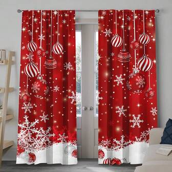 2 piezas Cortinas navideñas - Diseño festivo de copos de nieve y bolas, impresión digital de poliéster, ojal para colgar fácilmente - Perfectas para la decoración navideña de la sala de estar y el dormitorio, decoración navideña, para invierno