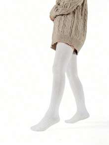 1 par de calcetines gruesos y versátiles de punto de color sólido hasta la rodilla, estilo Y2K - Blanco - Ver 2