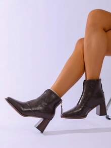 秋冬季方头粗跟都市时尚踝靴，时尚百搭，通勤必备，柔软舒适，无鞋底 - 深棕色 - 查看 2