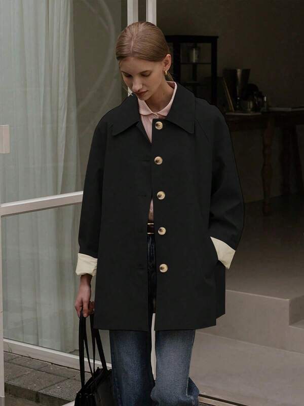 Plus Size Women Casual Chic Lapel Back Slit Short Trench Coat With Lining, Versatile For Commute, Leisure, Christmas, Spring/Autumn