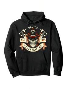 Men's Firefighter Gift Hoodie - Skull & Axes Graphic Pullover With "Devils 01" & EST 1935 Design, Black Casual Sweatshirt, All-Season Comfort, Machine Washable, Daily Comfort Apparel | Skull Graphic Sweatshirt | Comfortable Fit Sweatshirt,Fall Hoodies,Men's Fall Clothes,Street Wear,Halloween,Mens Hoodies,Y2k Clothes,Jesus Hoodie,Thanksgiving Day,Nightmare Before Christmas,Christmas - 黑色 - 查看 1