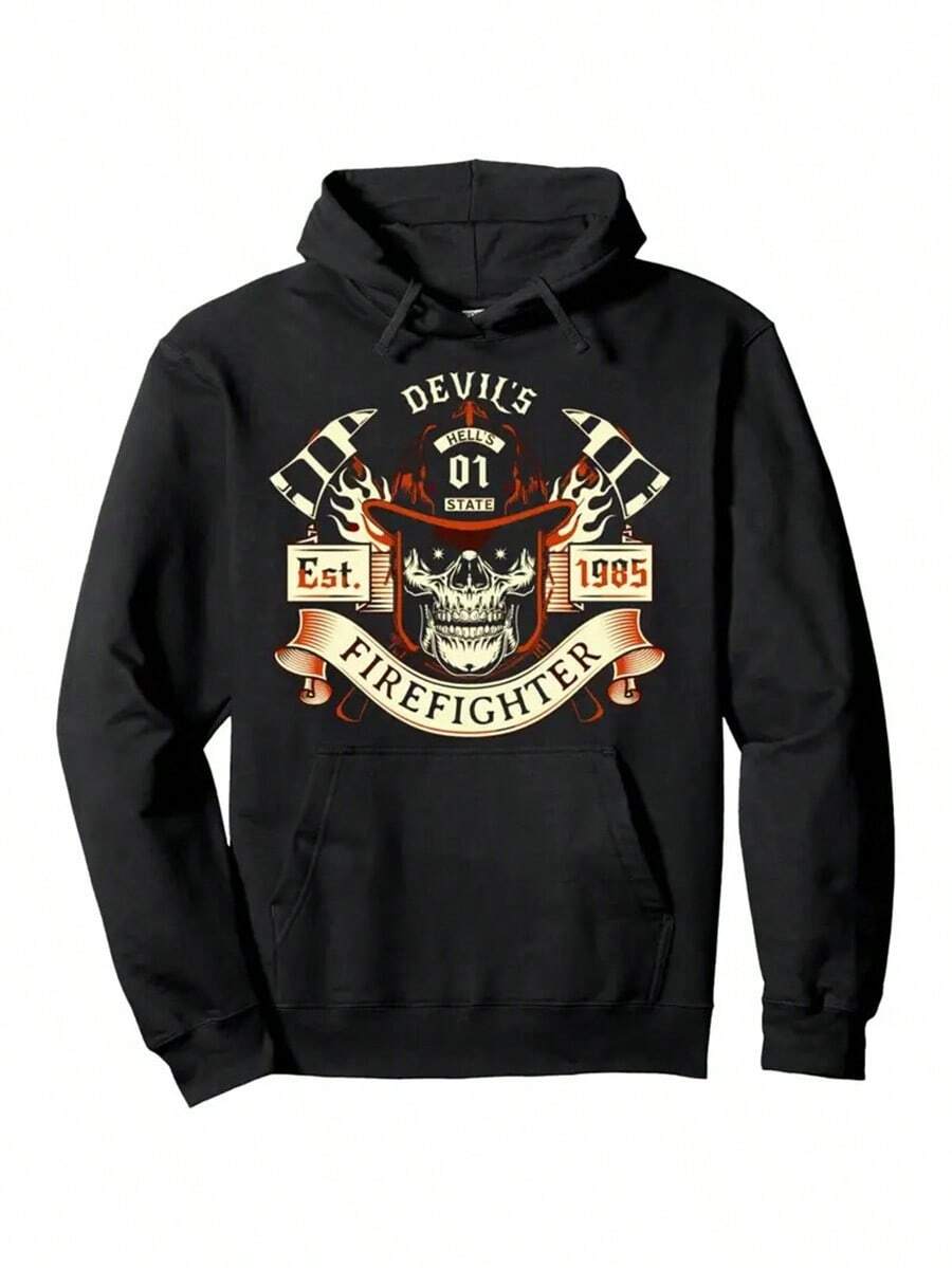 Men's Firefighter Gift Hoodie - Skull & Axes Graphic Pullover With "Devils 01" & EST 1935 Design, Black Casual Sweatshirt, All-Season Comfort, Machine Washable, Daily Comfort Apparel | Skull Graphic Sweatshirt | Comfortable Fit Sweatshirt,Fall Hoodies,Men's Fall Clothes,Street Wear,Halloween,Mens Hoodies,Y2k Clothes,Jesus Hoodie,Thanksgiving Day,Nightmare Before Christmas,Christmas - 黑色 - 查看 1