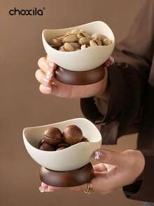 choxila 1个陶瓷甜点杯，粗陶小吃杯，木质带底座沙拉碗，冰淇淋碗，小吃盘，托盘，水果盘，酸奶杯，适合居家、下午茶、娱乐和斋月使用