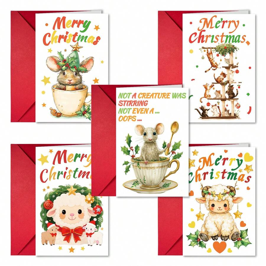 Zestaw 5 uroczych, kreskówkowych kartek świątecznych z kopertami