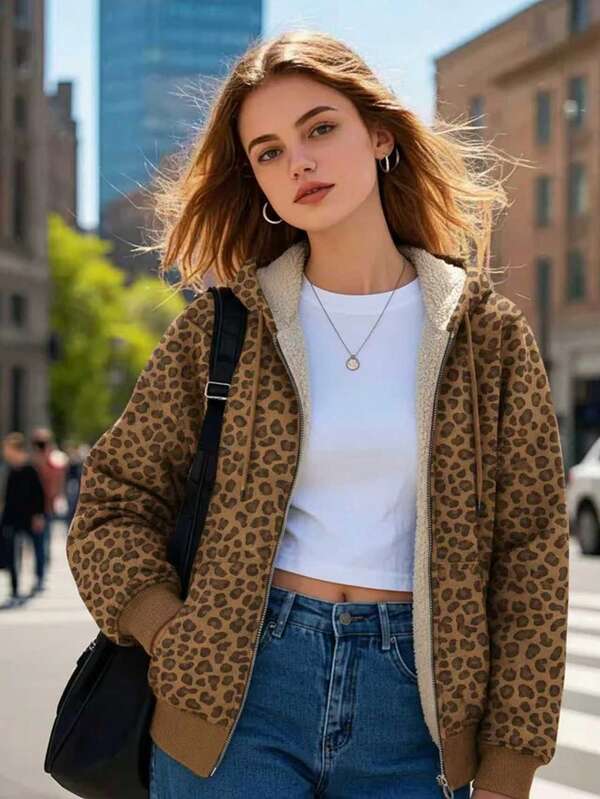 Women's Leopard Print Zip-Up Fleece Jacket, Sporty & Fashionable