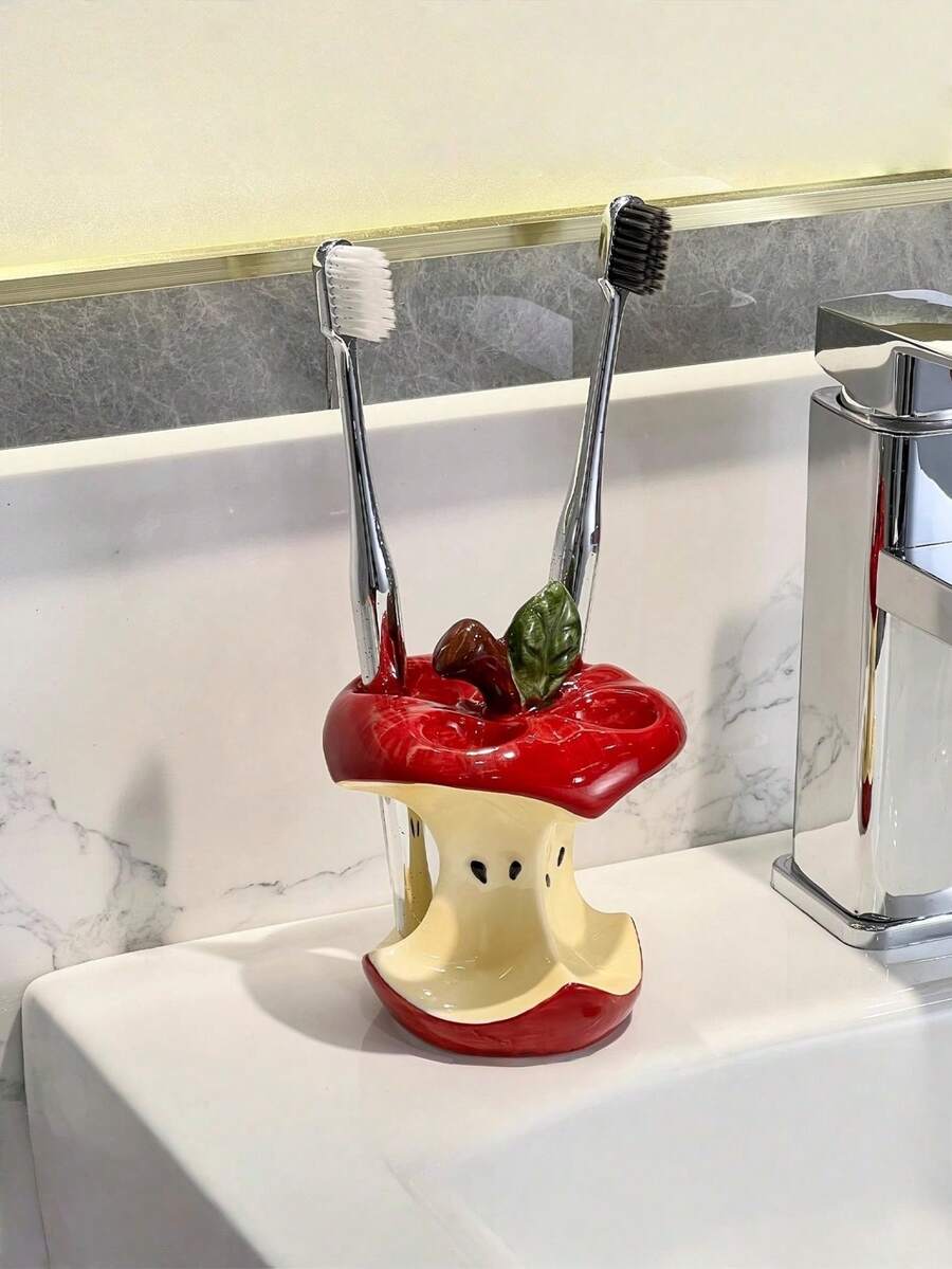 1PC Creative Apple Toothbrush Holder, Bathroom Sink Organizer For Home Use, Home Organization, Countertop Organizer, Sleek Organizer, Creative Design, Elegant Finish, Smooth Surface, Bathroom Holder, Storage Rack, Organized Living, Personal Hygiene