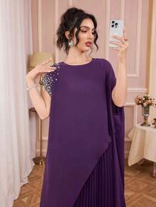 Solessence Đầm nữ màu trơn cổ tròn xếp ly bất đối xứng, tay áo nhún bèo đính ngọc trai giả, kiểu dáng thanh lịch dài, vai rớt, tay bồng, tay ngắn, 2 trong 1. - Màu tím - Xem 2