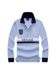 T S Dreamer Men's Long Sleeve Polo Shirt, Original "Dream Come True" Embroidery, Fashionable Contrast Color Blocking, Pure Cotton, Versatile For Christmas, Halloween, Thanksgiving, Valentine's Day, Teachers' Day, Father's Day, Carnivals, Easter, Ramadan, New Year, Independence Day, Eid Al-Adha, St. Patrick's Day, Spring Festival - Baby Blue - View 5