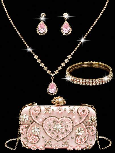 Rhinestone Jewelry Bling Necklace Earrings Bracelets Set For Luxury Sparkling Rhinestone Clutch Bag Clutch Bag For Party, Romantic Wedding, Spring/Summer Chain Shoulder Bag, Bride Bag, Formal Prom Clutch, Elegant Evening Dress Bag, Perfect For Party Wedding Prom Dinner/Banquet, Matching With Holiday Party Dress Evening Dress & Sequin Dress,