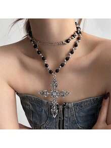 Dark Gothic Style Black And White Beaded Long Pendant Necklace Women, Niche Y2K Personality Hop Collarbone Chain - Dây chuyền quấn thánh giá Dark Heavy Industry - Xem 3