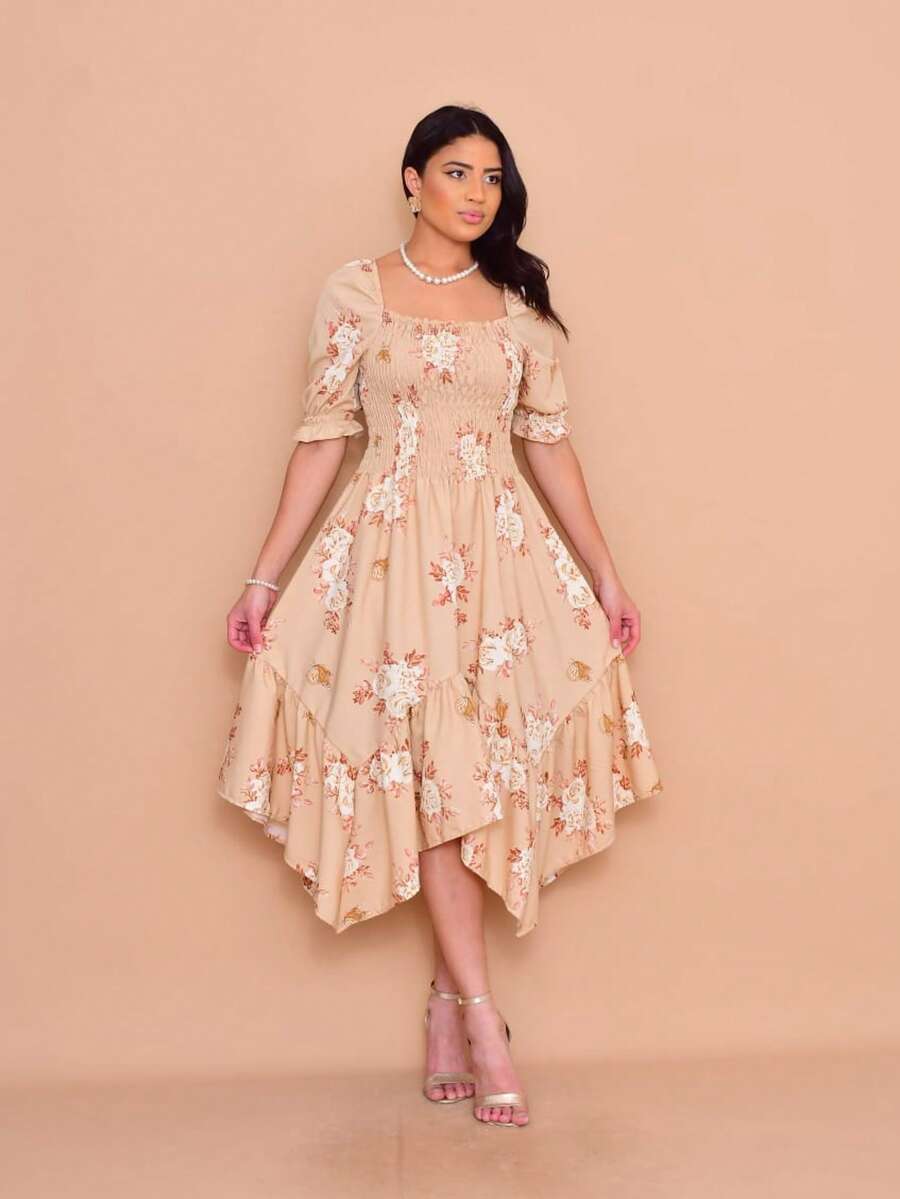 Helena Midi Dress With Printed Crepe Lastex Stitch And Short Sleeves - 卡其色 - 查看 1