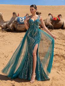 Faeriesty 优雅串珠美人鱼晚礼服，心形领口，细吊带饰以串珠，裙摆饰以薄纱，适合盛大晚宴、婚礼、舞会、高端晚宴、生日派对、夏季假日派对等正式场合。 - 水鴨藍 - 查看 7