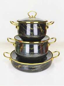 1pc Vintage Enamel Seafood Pot, Soup Pot, Stew Pot, Premium Enamel Soup Pot, Enamel Soup Pot, Marble Pattern Enamel Pot, Black & White Pattern Glass Lid Pot, Enamel Bowl, Suitable For Induction Cooktop & Gas Stove, Large Capacity Premium Household Soup Pot, Stew Pot, Milk Pot, Non-Stick For Induction Cooktop & Gas Stove