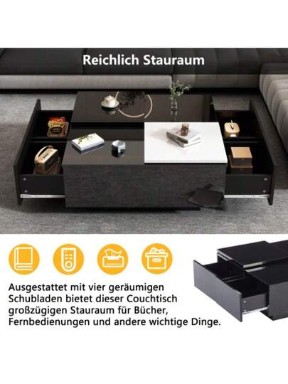 Moderne High Gloss Zwart Square Coffee Tafel Shelves (75 75 33.5 Cm), Small Sliding Tabletop In Contrasting White, Max. Load Capacity 30 Kg view 3