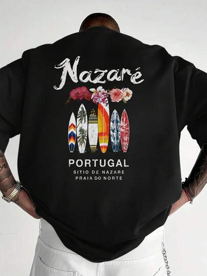 T-shirt da uomo a girocollo 100% cotone, t-shirt grafica vintage da uomo a tema surf - Algarve in Portogallo con stampa di tavola da surf e motivi floreali, tessuto traspirante e che assorbe l'umidità, vestibilità regular casual estiva adatta per uscite in spiaggia, camicia da spiaggia, top grafico vintage, stampa digitale di qualità lavabile in lavatrice, perfetta per lavoro, viaggio e relax, comfort per tutte le stagioni, regalo di Natale