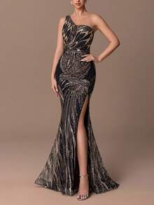 女士奢华美人鱼单肩礼服，高开衩设计，修身剪裁，亮片点缀，喇叭裙摆，露背喇叭裙款式，适合婚礼、慈善晚宴、周年纪念日及其他正式场合。 - 黑色 - 查看 8