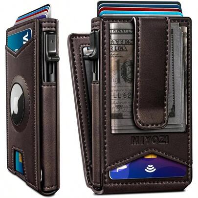- portafolios Airtag para hombre, con caja de regalo, bolsillo frontal delgado con bloqueo RFID, funda de metal, soporte para tarjetas de crdito emergente inteligente en piel magntica