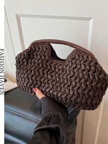 Women's Casual Vintage Shell Clip Bag, Designer Women's Handbag, Elegant Handmade Summer Beach Bag - Coffee Brown - View 2