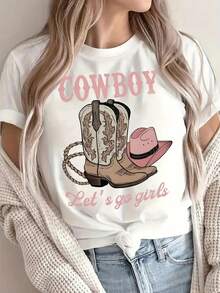 Camiseta de manga corta de ocio para mujer con cuello redondo - estampado de vaquero del oeste, con diseño de "Vaquero, vámonos" y botas de vaquero, camiseta semitransparente lavable a máquina, adecuada para primavera, verano y uso durante todo el año - Blanco - Ver 1
