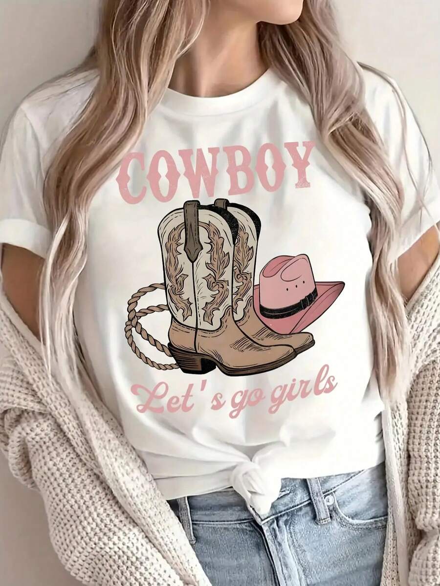Camiseta de manga corta de ocio para mujer con cuello redondo - estampado de vaquero del oeste, con diseño de "Vaquero, vámonos" y botas de vaquero, camiseta semitransparente lavable a máquina, adecuada para primavera, verano y uso durante todo el año - Blanco - Ver 1