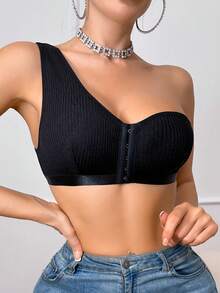 1pc Ribbed Racerback Front Closure Wireless Bra For Women - Black - View 4