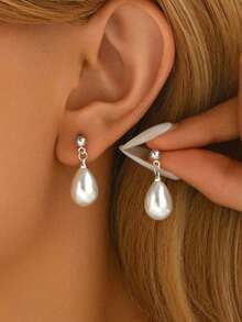 1 对 925 银 10 毫米珍珠吊坠耳环，粗钩女士耳环珠宝 - 耳環 - 查看 8
