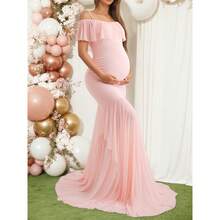 Pink Maternity Off Shoulder Sleeveless Ruffle Hem High-Stretch Knit Dress, Elegant Long Dress With Ruffle Hem Design Suitable For Baby Shower, Gender Reveal, Photography, Formal Party Spring - Pink - View 7