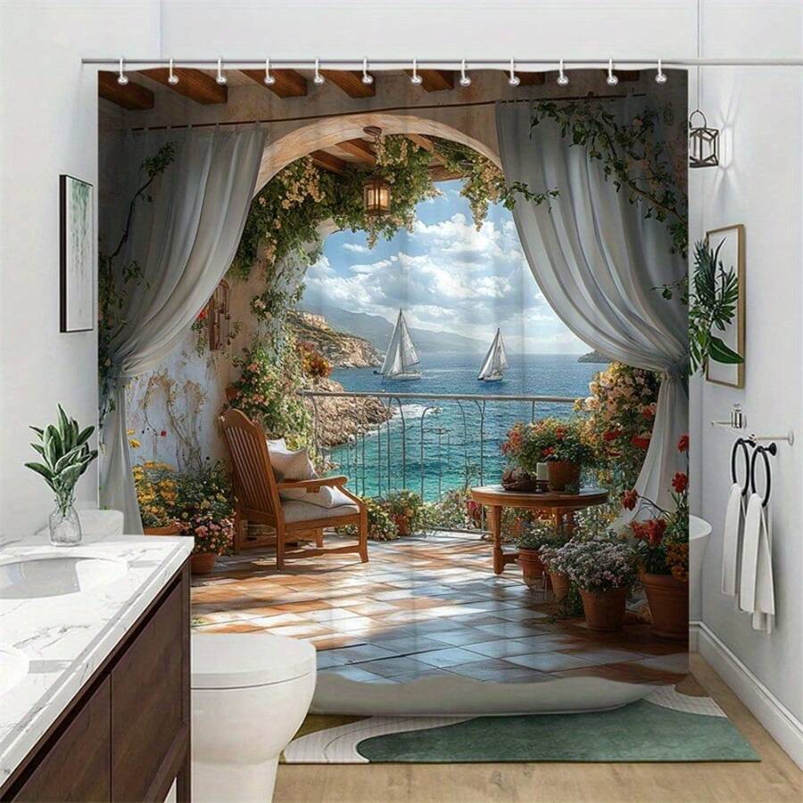 1pc Shower Curtain With Hooks Mediterranean Coastal Blue Sea Sailboats Floral Balcony 2D Flat Bathroom Partition Curtain For Windows Walls & Bathtub Polyester Fabric Easy To Clean Home Decor All Season Universal - đầy màu sắc - Xem 1