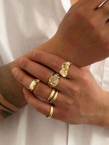 5pcs/Set Minimalist Geometric Liquid Metal Adjustable Rings Set, Fashionable Punk Jewelry For Men