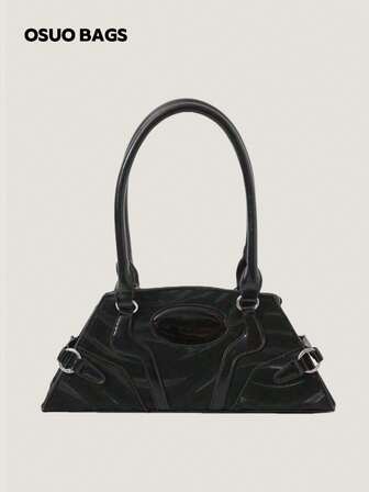 Black Punk Style Zipper Closure Shoulder Bag, Wavy Laser Holographic Shiny Baguette Handbag For Women, Autumn/Winter