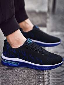 1 Pair Men's Gradient Flame Knit Lace-Up Cushioned Sneakers, Comfortable Breathable Shock-Absorbing Outdoor Running Shoes, Suitable For Outdoor Sports, Jogging, Fitness And Walking, Men's Road Running Shoes, Cushioned Soft Sole Athletic Shoes Size 37-46 - Blue - View 6