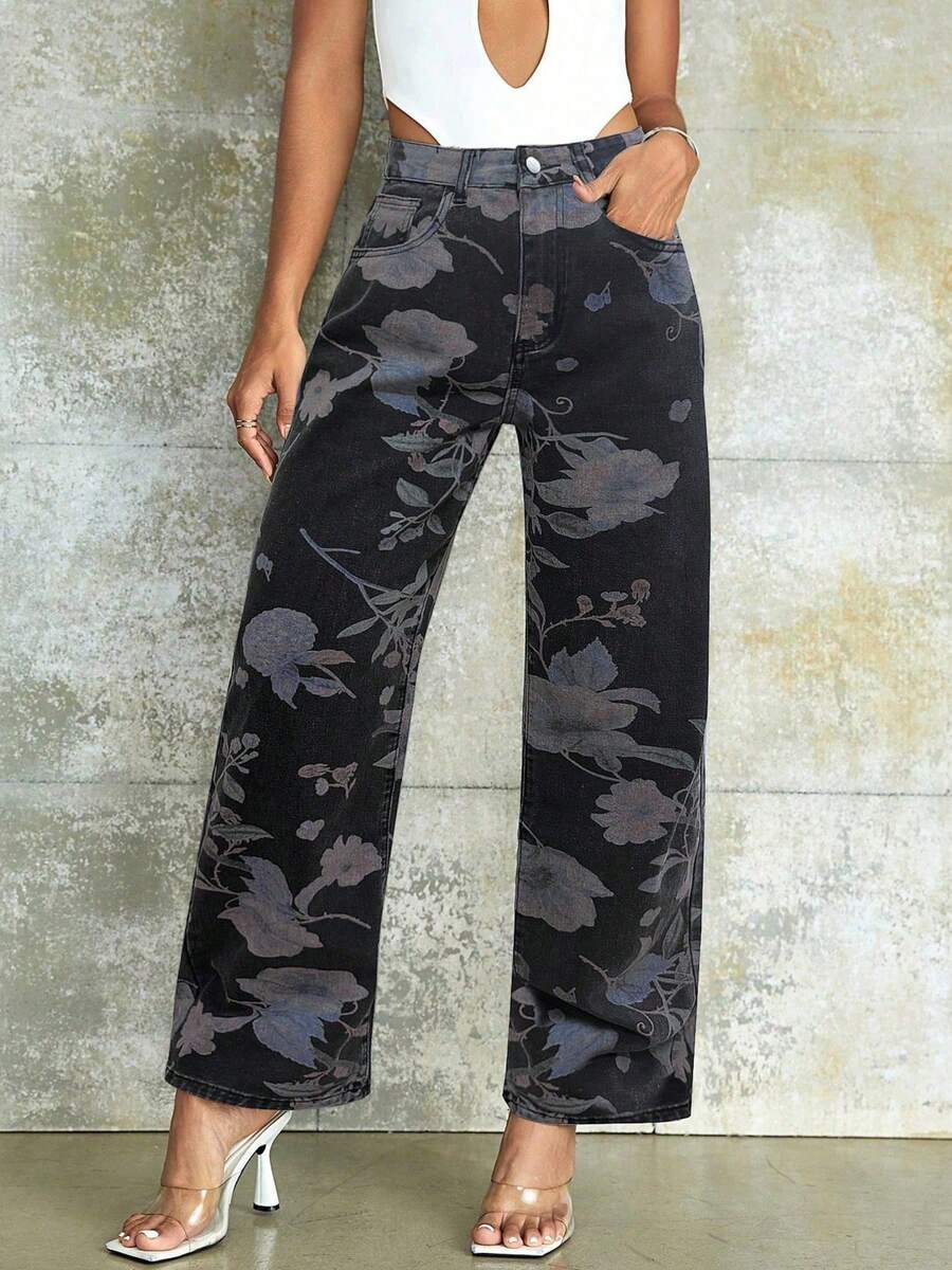High Waist Slant Pockets Floral Printed Jeans, Elegant & Comfortable, Casual Outdoor Straight Leg Washed Jeans, Summer Holiday - Black - View 1