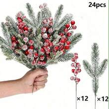 12 pezzi Rami artificiali di cedro con bacche rosse - Aghi realistici grigiastro-verdi simili al pino, per ghirlande fai-da-te, mazzolino, decorazioni per albero di Natale, per decorazioni natalizie e del Ringraziamento