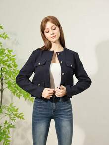 Women's Everyday Fashion Wear Tweed Jacket, Round Neckline Trim Long-Sleeved Solid Color Jacket