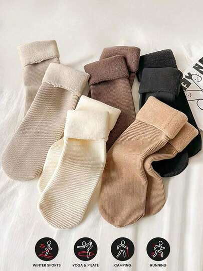5 Pairs Of Women's Thick Warm Fleece Lined Socks - Striped Pattern Thick Winter Socks, Soft And Comfortable For Both Indoor And Outdoor Use In Autumn And Winter, Fluffy Socks, Classic Style, Plush Design, Essential For Cold Proof Home