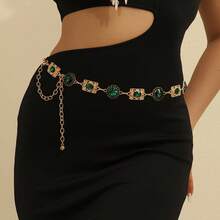 Hollow Out Gold Tone Bohemian Style Adjustable Waist Chain, Fashion Metal Waist Belt For Women, Tropical Print Boho Zinc Alloy Metal Waist Belt, Suitable For Spring, Summer, Autumn And Winter