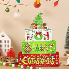 クリスマス ティアードトレイ デコレーションセット カラフルなクリスマスツリー/キャンディケイン 木製ファームハウス クリスマスデコレーション ホームamp;パーティー用 - カラフル - チェックする 3