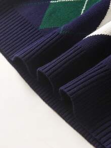 Boys' Colorblock Plaid Jacquard Knit Crew Neck Sweater, Long Sleeve Pullover For Autumn & Winter - Green - View 6