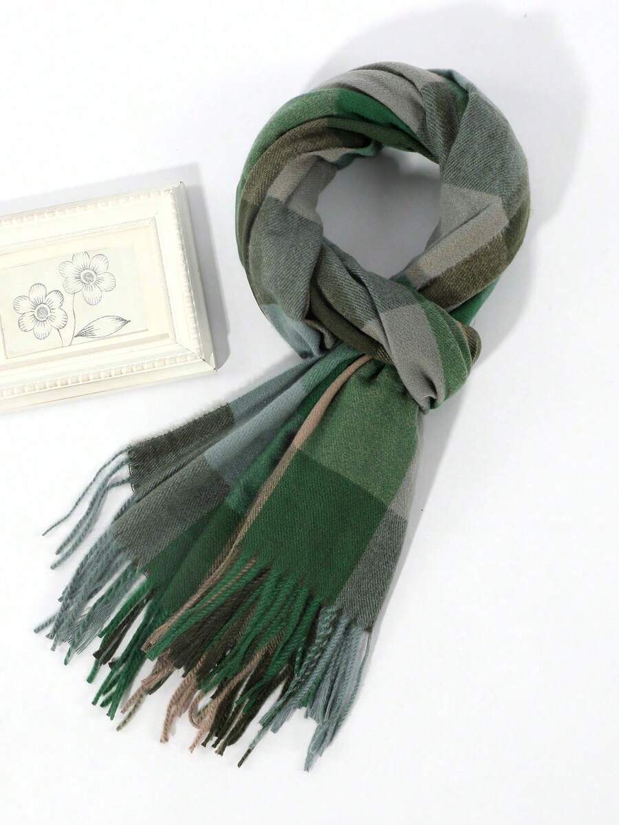 1pc Men's Fashion Color Block Plaid Tassel Warm Scarf/Shawl, Suitable For Autumn/Winter Commuting And Outings - Multicolor - View 1