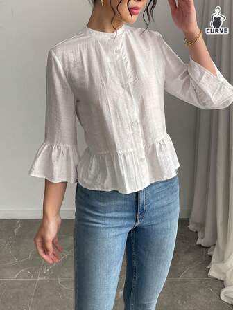 大码优雅衬衫纯色春秋女装，适合外出、通勤、茶会、早午餐衬衫